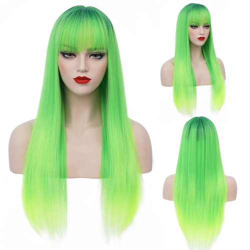 RightOn Lime Green Wig Long Straight Wig with Bangs Neon Green Wigs for Halloween Costume Party W...