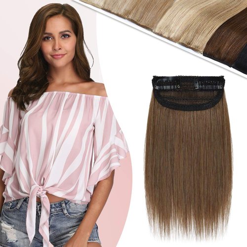 Human Hair Clip in Mini Hair Extensions for Men and Women 10 Inch #6 Light Brown Short Straight Clip on Remy Hair Wiglet Topper Seamless Filler Hairpieces for Thinning Hair and Baldness
