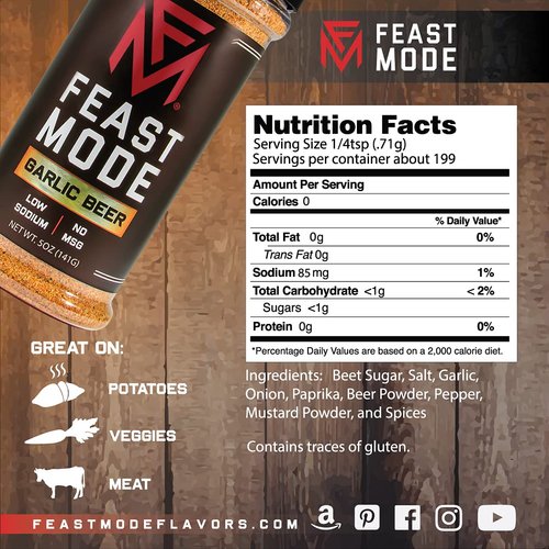 Garlic Beer - Feast Mode Flavors - Low Sodium, No MSG, All Natural, Meal Prep Seasoning, Healthy, Garlic Powder, Beer Flavoring