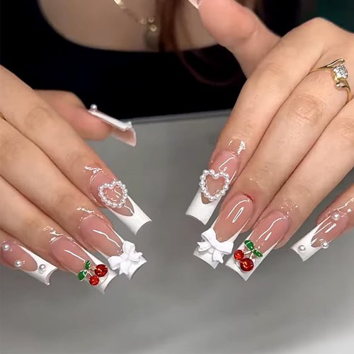 Press on Nails Coffin Long French Glossy Full Cover Acrylic Square Extra Long False Nails with Bow Gems Designs Artificial Long Coffin Fake Nails Square Glue on Fingernails with Charm for Women