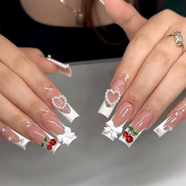 Press on Nails Coffin Long French Glossy Full Cover Acrylic Square Extra Long False Nails with Bow Gems Designs Artificial Long Coffin Fake Nails Square Glue on Fingernails with Charm for Women