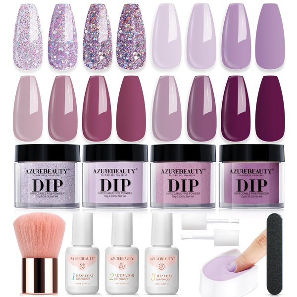 AZUREBEAUTY Dip Powder Nail Kit Fall Winter Dark Purple Lilac Purple Glitter 4 Colors Nail Dip Powder Starter Set Essential Dip Liquid Set with Base/Top Coat Activator for French Art Manicure DIY Gift