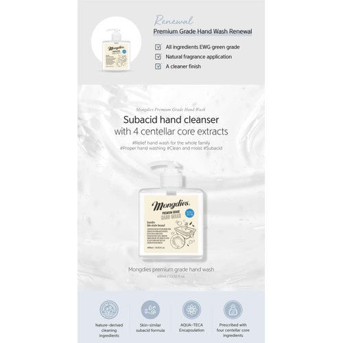 Mongdies Nature-Friendly Hand Wash all-natural ingredients to help moisturize sensitive skin, subacid formula with a pH of 5.5 to 6.5 protects the skin's barrier - 400ml [2set]