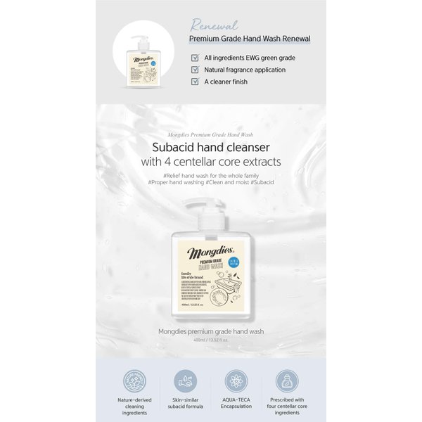 Mongdies Nature-Friendly Hand Wash all-natural ingredients to help moisturize sensitive skin, subacid formula with a pH of 5.5 to 6.5 protects the skin's barrier - 400ml [2set]