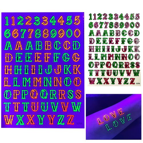 Temporary Blacklight Reactive Tattoos – 1 Sheet Neon Letter Alphabet Numbers Rave Accessories Glow in the Dark Party Supplies | Knuckle Temp EDM EDC Party