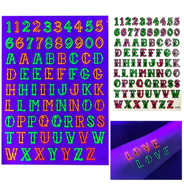 Temporary Blacklight Reactive Tattoos – 1 Sheet Neon Letter Alphabet Numbers Rave Accessories Glow in the Dark Party Supplies | Knuckle Temp EDM EDC Party
