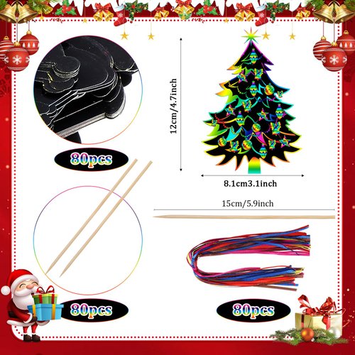 Motipuns 80 Pcs Christmas Tree Scratch Cards Christmas Party Supplies Rainbow Christmas Tree Ornament Crafts Paper for Winter Xmas Home Classroom DIY Activities