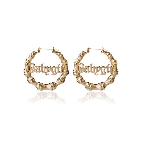 Gold Silver Plated Big Bamboo Hoop Earrings for Women Girls Hip-Pop Style Party Jewelry(B:Gold babygirl)