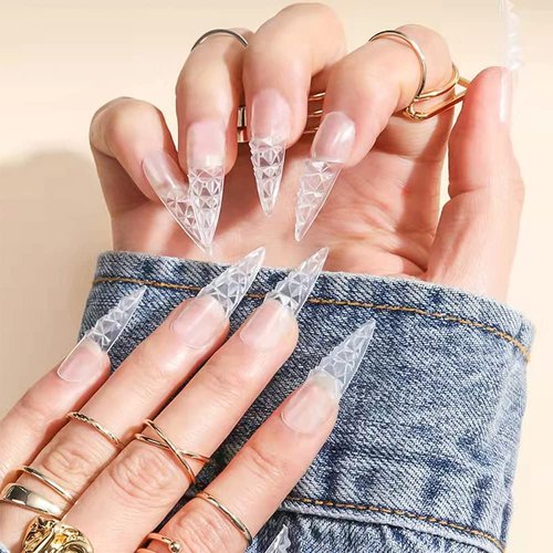 Colored Glaze False Nails Tips Stiletto Trapezoid False Fake Nails Concave Convex Acrylic Long Nails Full Cover Clear Artificial Nails for DIY Nail Art (About 408 Pcs-Stiletto)