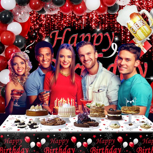 Red and Black Party Decorations, Happy Birthday Decorations for Men Women with Photography Backdrop & Tablecloth Balloons Arch Kit Banner Birthday Party Supplies Bday Decor with Table Cover