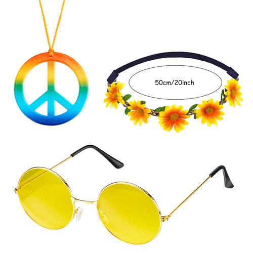 Frienda 24 Pieces Hippie Costume Accessories 60s 70s Party Decorations Hippie Set Includes Peace Sign Necklaces Daisy Sunflower Headbands Retro Sunglasses for Hippie Birthday Halloween Party Supplies