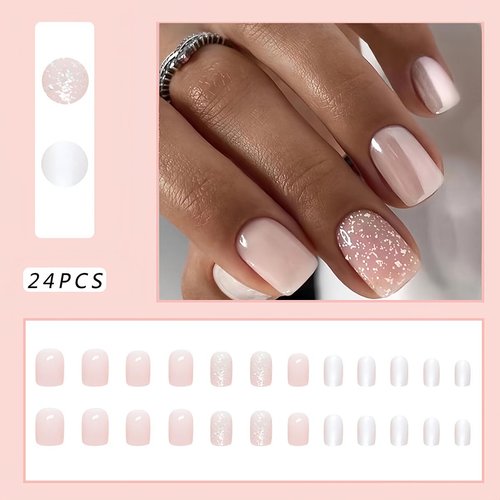 Press on Nails Short Square Fake Nails, 24Pcs Full Cover Nude with Glitter Design Stick on Nails Coffin False Nails Artificial Acrylic Glue on Nails for Women and Women and Girls Daily Wear Nail Art