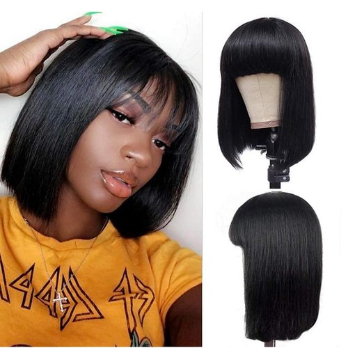 Spotlight 8 Inch Straight Bob Wig with Bangs Human Hair 180% Density Short Bob Human Hair Wigs with Bangs None Lace Front Wigs Brazilian Straight Hair Wig for Black Women Natural Black