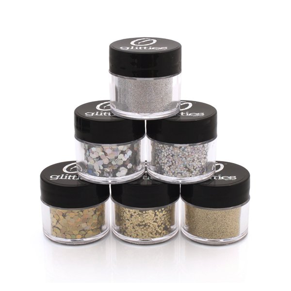 GLITTIES - (6PK) - Holographic Gold & Silver Glitter Kit - Solvent Resistant & Great for Nail Art Polish, Gels, Acrylics Supplies - Quality Glitter Made in the USA! - (60 Grams)