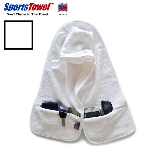 R J Hall Sports Towel 2 Zipper Pockets, 100% Ring-Spun Cotton, Holds Cell Phone, Keys, Wallet, ID, Earbuds for Workouts and Sports (white)
