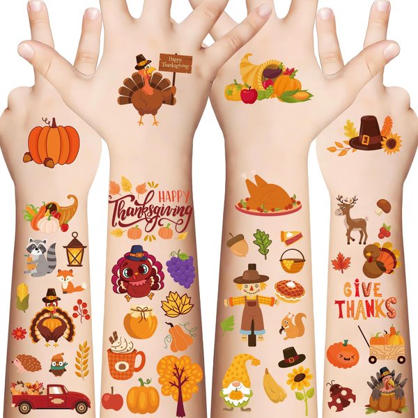 XZENTIRA 472 PCS Thanksgiving Temporary Tattoos for Kids, 30 Sheets Fall Holiday Tattoo Stickers with Turkey, Leaves, Pumpkin for Boys and Girls, Fall Thanksgiving Party Supplies and Favors