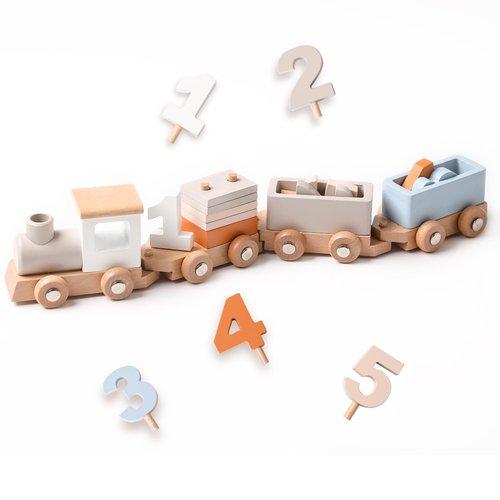 Samonyed Wooden Train Set for Toddler Toys 14pcs Montessori Train Toy Set for Baby 3-5 Years Wooden Train Cars with 1 2 3 4 5 Numbers & Blocks Birthday Gift for Boys Girls