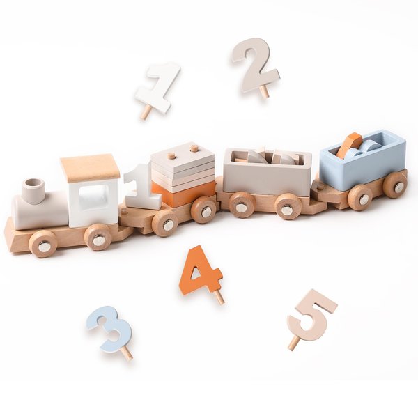 Samonyed Wooden Train Set for Toddler Toys 14pcs Montessori Train Toy Set for Baby 3-5 Years Wooden Train Cars with 1 2 3 4 5 Numbers & Blocks Birthday Gift for Boys Girls