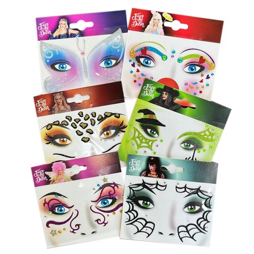 6-Pack Glitter Animal Face Stickers for Kids – Sparkling Face Tattoos for Halloween, Cosplay, and Party Decorations – Reusable Gold Glitter Face Stickers