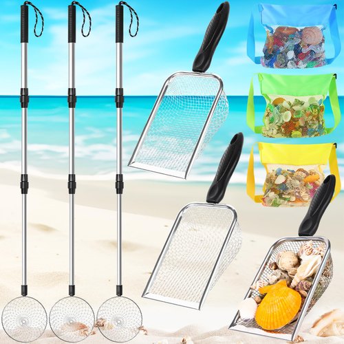 JolliKids 9 Pcs Shelling Tools for Beach Shark Tooth Sifter Beach Essentials for Vacation Sand Sifter with Long Adjustable Handle Mesh Beach Bag Beach Mesh Shovel Sand Scoop for Adults Girls Boys