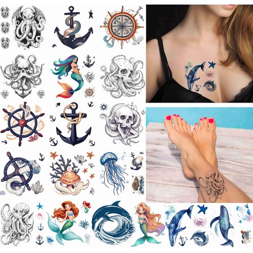 Dopetattoo 18 sheets Temporary Tattoos Mermaid Anchors Octopus Ocean Whale Fish Fake Tattoos for Face Body
