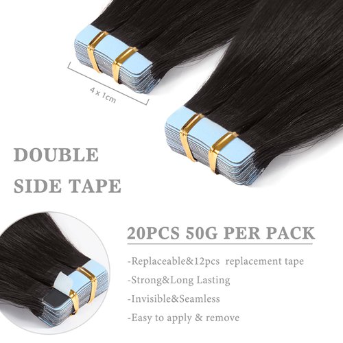 FoxFace Tape in Hair Extensions Human Hair, Natural Black 14inch 50g 20pcs, Seamless Remy Straight Hair, Invisible Tape in Hair Extensions