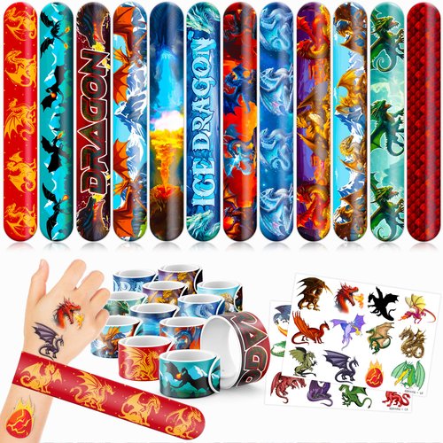 48 Dragon 24PCS Dragon Temporary Tattoos Sticker 24PCS Slap Bracelets Perfect for Themed Birthday Party Favors Baby Showers or Classroom Rewards Ideal Decor and Gifts for Girls and Boys