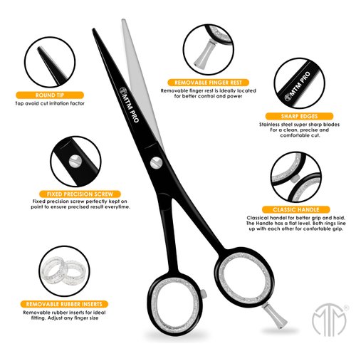 MTM PRO Professional Hair Cutting Scissors 6", Barber Scissors to Cut Hair, Hair Shears for Hair Cutting, Premium Stainless Steel Barber Shears for Men & Women, Kids, Adults, & Pets (Black, 6")