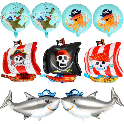 9 Pieces Pirate Ship Foil Balloons Halloween 18 Inch Round Pirate Foil Balloons Ocean Animals Shark Foil Balloons Skeleton Squid Pattern Balloon for Birthday Party Supplies Decoration