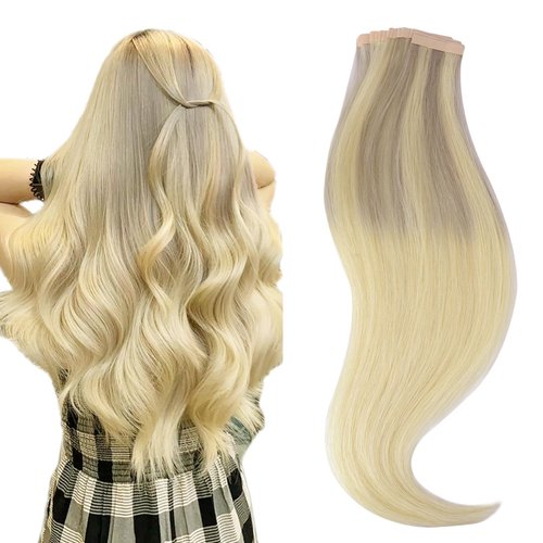 HOTBANANA Tape in Hair Extensions, 20 Inch Tape in Hair Extensions Human Hair 20pcs 50g Ombre Ash Blonde to Golden Blonde and Platinum Blonde Tape Hair Extensions Straight Remy Human Hair Extensions