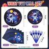 SCIONE 96 Pcs Outer Space Party Decorations Galaxy Party Tableware Set, Solar System Paper Party Plates Napkins Forks for 24 Guests, Kids Party Favors Space Themed Birthday Party Supplies