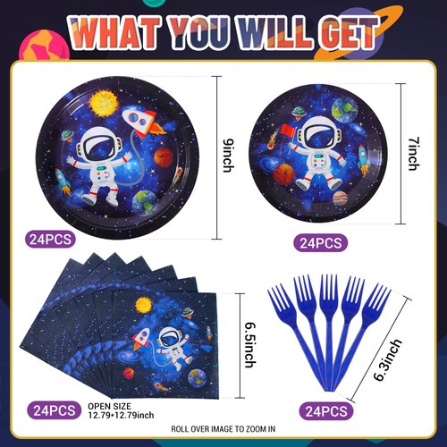 SCIONE 96 Pcs Outer Space Party Decorations Galaxy Party Tableware Set, Solar System Paper Party Plates Napkins Forks for 24 Guests, Kids Party Favors Space Themed Birthday Party Supplies