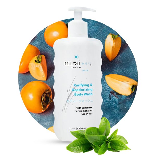 Mirai Clinical Body Wash for Strong Body Odor - Renewing Body Purifying & Deodorizing with Natural Persimmon & Green Tea Extracts - Nonenal Body Odor Eliminator for Women & Men - 9.29 Fl oz