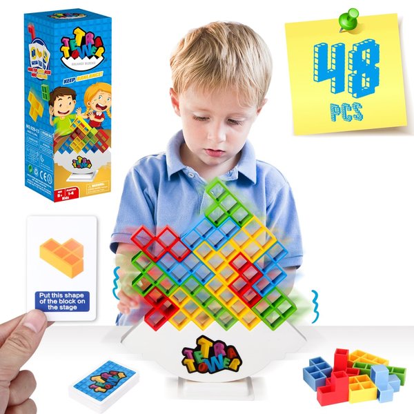 HOMELAM 48 PCS Tetra Tower Stacking Game, Building Balance Blocks Board Game, 1-4 Players Family Games for Kids, Adults, Party, Friends, Team, Travel