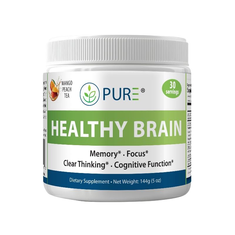 PURE Healthy Brain Powder, Mango Peach Tea, Lion’s Mane 1.25g, Alpha ...