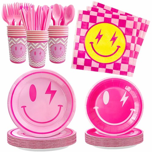 PumQuu 168PCS Preppy Party Decorations Preppy Party Favors Smile Face Party Decorations Preppy Cups Plates and Napkins Set Knives Forks Spoons Preppy Birthday Decorations For Girls Serve 24 Guests