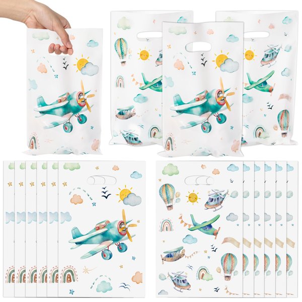 ArowlWesh Airplane Party Favor Bags - 50Pcs Plastic Snack Candy Treat Gift Bag with Handles Cute Boho Airplane Themed Party Supplies Decor for Baby Shower Kids Birthday