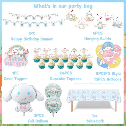 Kawaii Birthday Party Decorations, Cute Dog Party Supplies Include Banner, latex Balloons, Hanging Swirls, Foil Balloon, Cake Cupcake Toppers, Tablecloth for Kids Kawaii Theme Party