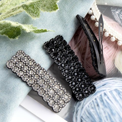 2Pcs Black Sliver Barrettes for Women, Rhinestone Snap Hair Clips, Shining Crystal Clips, Rectangular Hairpins Decorative, Clips and Barrettes Korean Barrettes for Party Wedding Daily Girls Hair