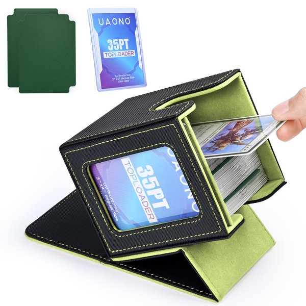 UAONO Card Deck Box with MTG Commander Display, Patented Design Card Deck Case Holds 100+ Double-Sleeved Cards, PU Leather Cards Storage Box For TCG with 2 Dividers, 1 Toploader (Black&Lemon Green)