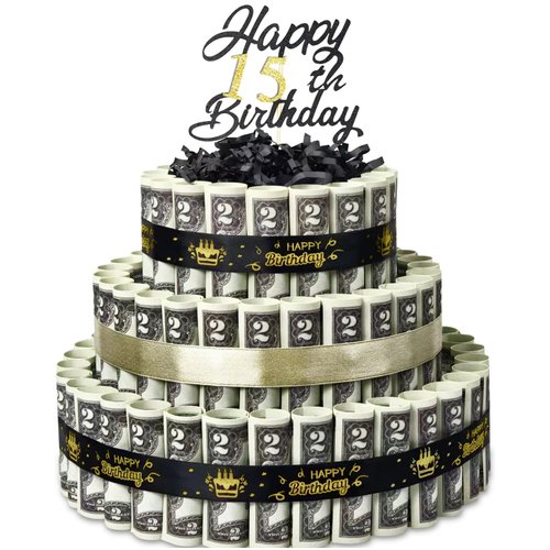 BUAEL Happy Birthday Gift Can Be 15 Age 3 Layers Of Black Gold Cake Filled With Cash Happy Birthday Day Money Cake Gift Party Supplies Money Gift Ideas For Birthday Cake