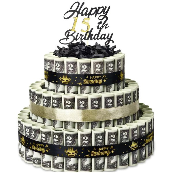 BUAEL Happy Birthday Gift Can Be 15 Age 3 Layers Of Black Gold Cake Filled With Cash Happy Birthday Day Money Cake Gift Party Supplies Money Gift Ideas For Birthday Cake