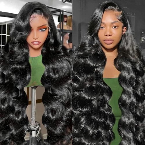 Transparent Lace Frontal Body Wave Wigs Lace Front Synthetic Wigs Artificial Hair Pre-Plucked Synthetic Wigs for African Women Glueless Wave Full Wigs 26 inch Black