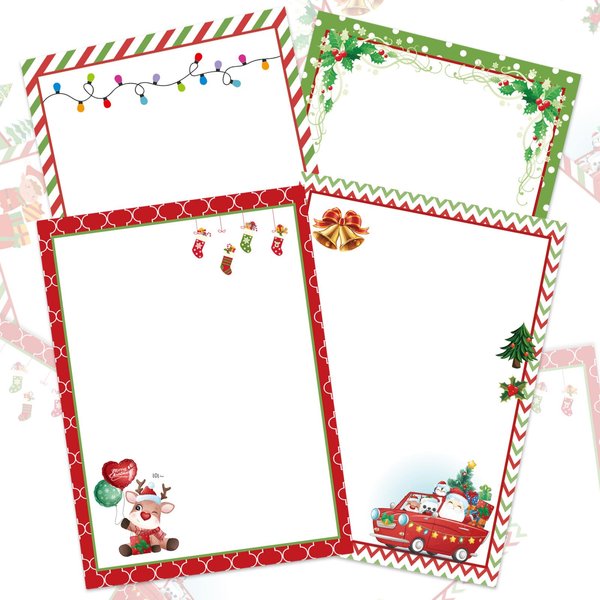 Whaline 60 Sheet Christmas Letter Paper 4 Design Cartoon Stationary Writing Paper Red Green Holiday Letterhead Letter to Santa for Notes Greeting Cards Invitations Office School Printing, 8.5 x 11 In