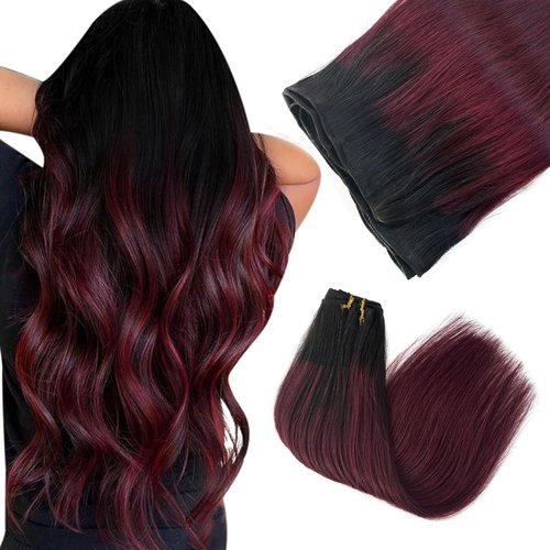 Sew in Extensions Human Hair Weft Hair Extensions for Women,Balayage Ombre Sew in Hair Extensions Real Human Hair Dark Black Mixed with 99J Burgundy Double Weft Hand Tied Straight Hair Extensions 120G