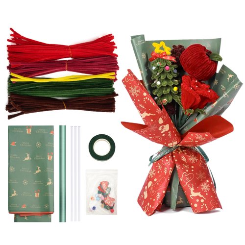 Vacfulliven Christmas Pipe Cleaners, Multi-Colored Christmas Flower Making Kit, Pipe Cleaner Chenille Stems, Red and Green Pipe Cleaners for DIY Christmas Bouquet Crafts or Christmas Decoration