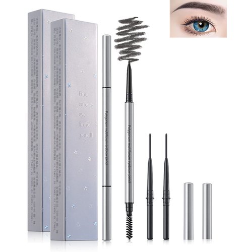 Eyebrow Pencil with Spoolie Brush- 4Pcs Professional Micro 1.5mm Tip Brow Pencil with Dual Ends Kit, Longwearing Waterproof Sweat-proof Eye Brow Pencil, Black Eyebrow Makeup Pencils for Women-01Black