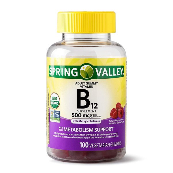 Spring Valley Adult Gummy Vitamin B12, 500mcg with Methylcobalamin, 100 Vegetarian Gummies, Natural Raspberry Flavor