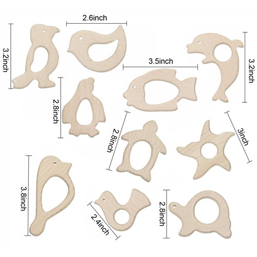 Penta Angel 10Pcs Wood Teething Rings Pain Relief Natural Wood Teething Toys Wooden Teether Animals for Infant Toddler, Turtles Swallows Dolphins Starfish Pigeons Birds Woodpeckers Fish Turtle