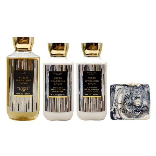 Bath & Body Works Fresh Sparkling Snow Shower Gel and 2 Body Lotions Bundle with a Charcoal Scrub Bar Soap - Full Size